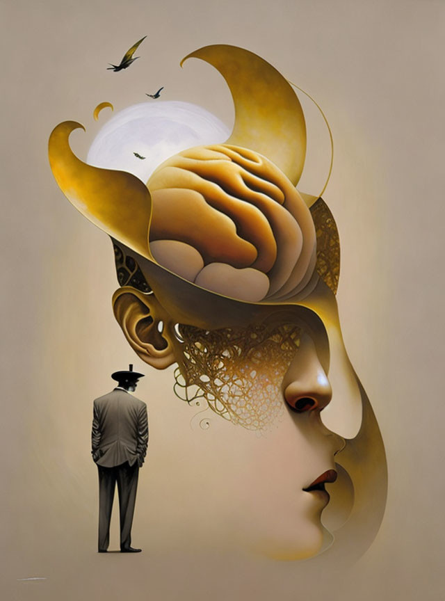 Surreal artwork: large human head with exposed brain, small figure, birds