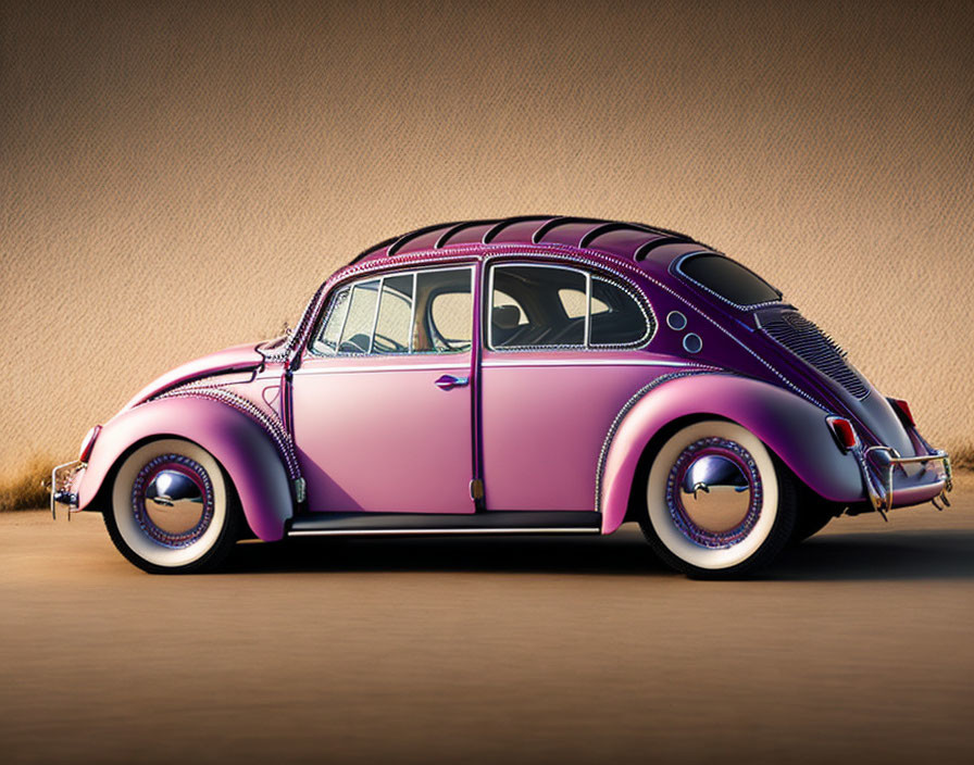 Classic Purple Volkswagen Beetle with White-Wall Tires on Beige Background