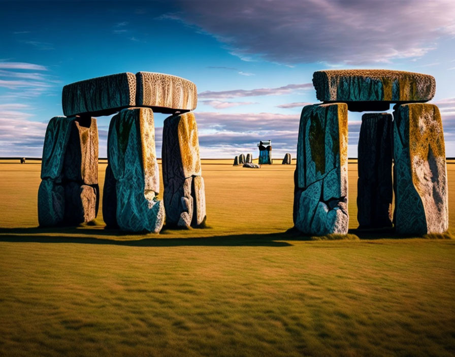 Ancient megaliths at Stonehenge under a vibrant sky.