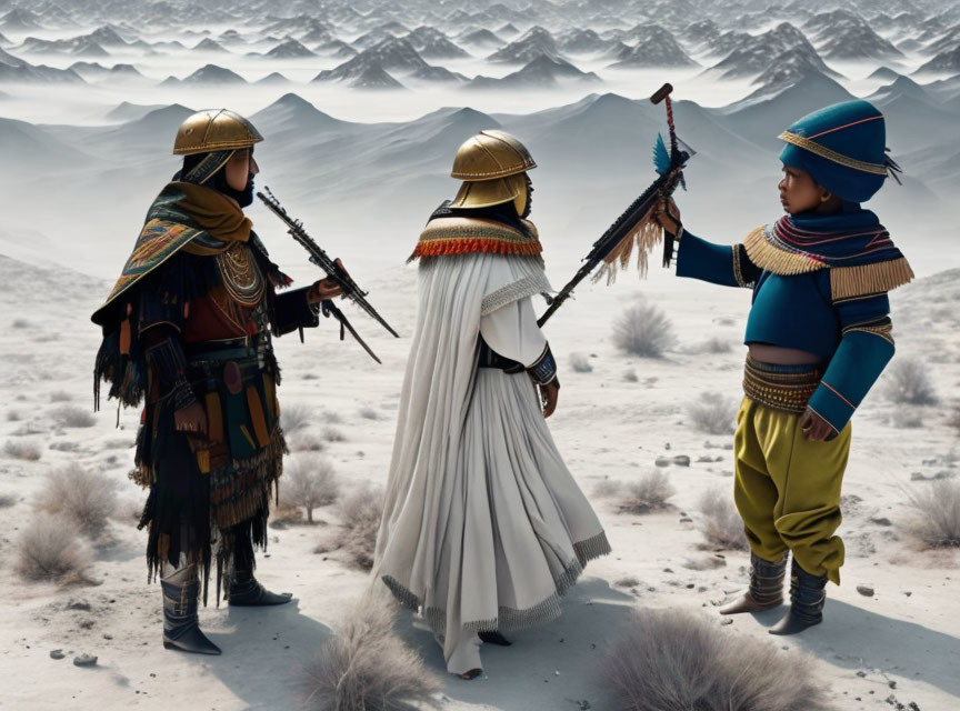 Three people in traditional attire in desert circle under cloudy sky