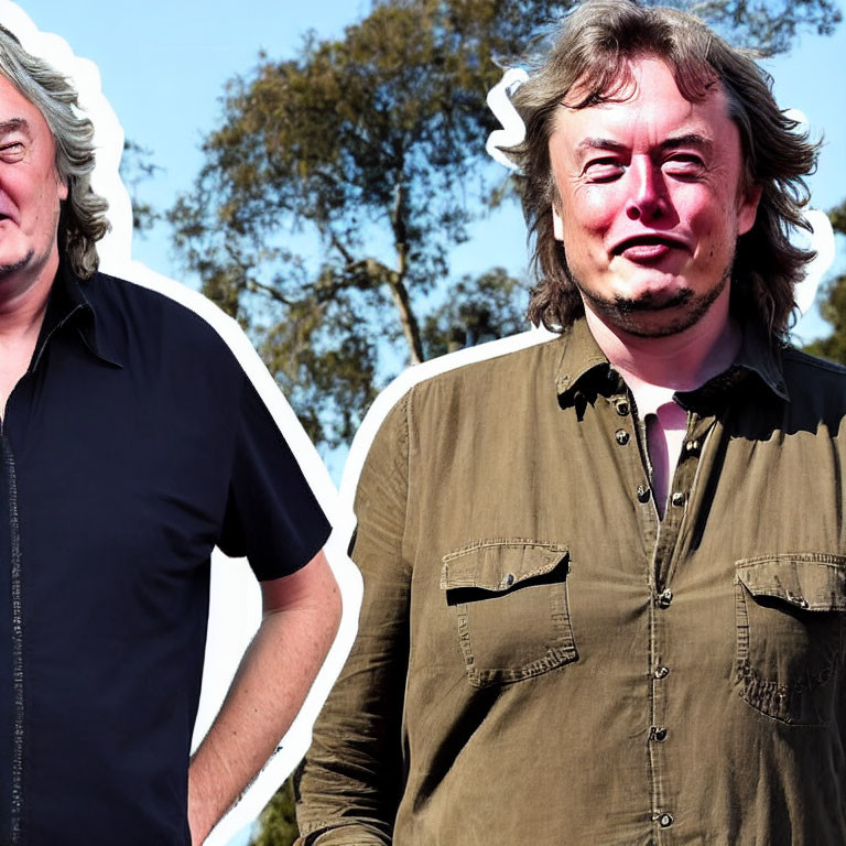 Two men in black and green shirts standing outside with shaggy hair.