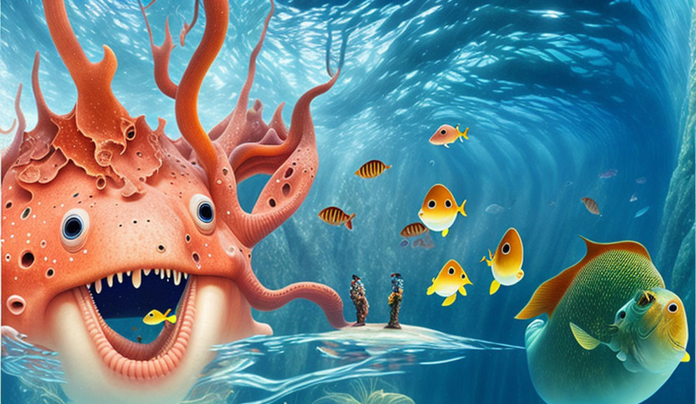 Colorful Underwater Scene with Octopus, Fish, and Scuba Divers