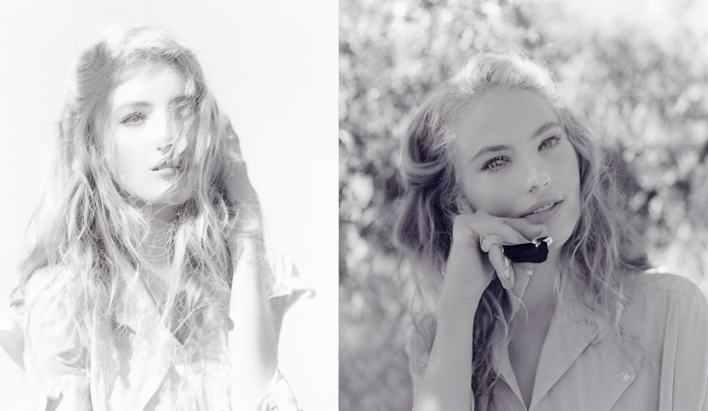 Monochrome diptych of two women in pensive poses, one touching face, the other chin