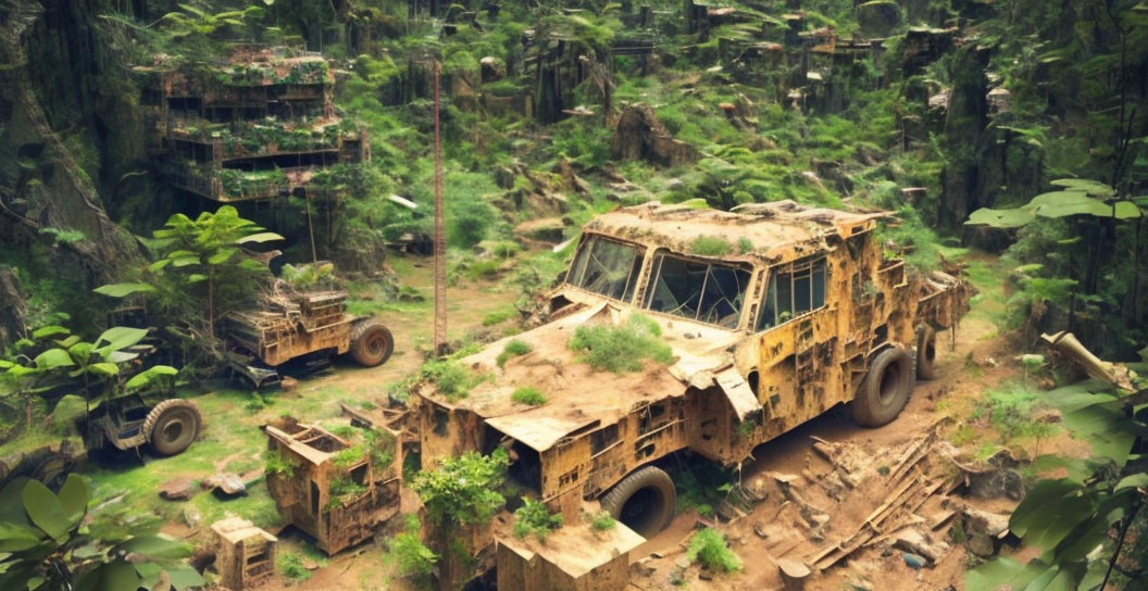 Rusty vehicles and dilapidated buildings in overgrown forest