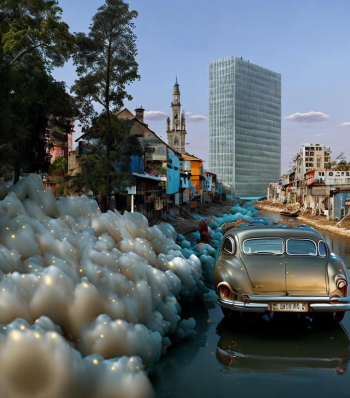 Vintage car by river with colorful buildings and skyscraper