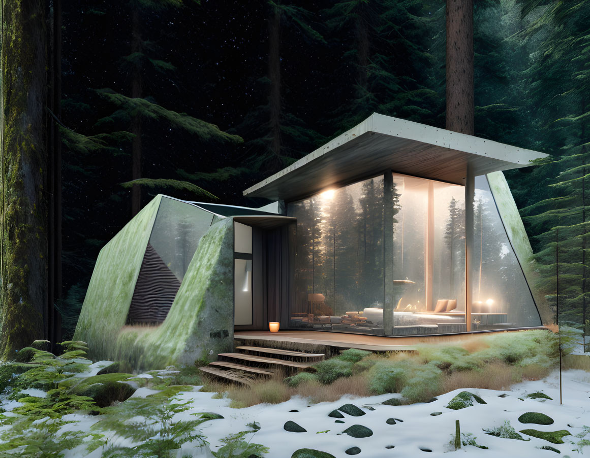 Snowy forest cabin with large windows under starry sky