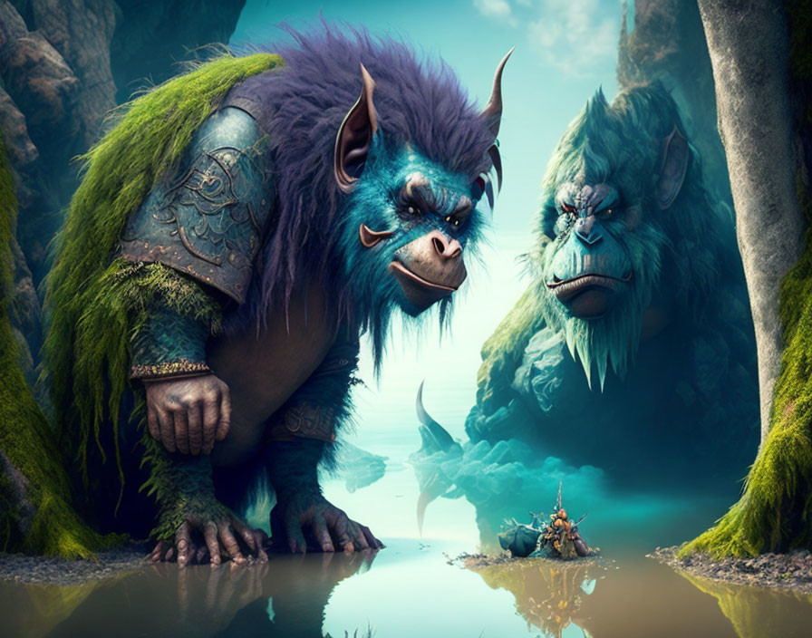 Blue-furred fantasy creatures with horns and a tiny armored character in a mystical landscape