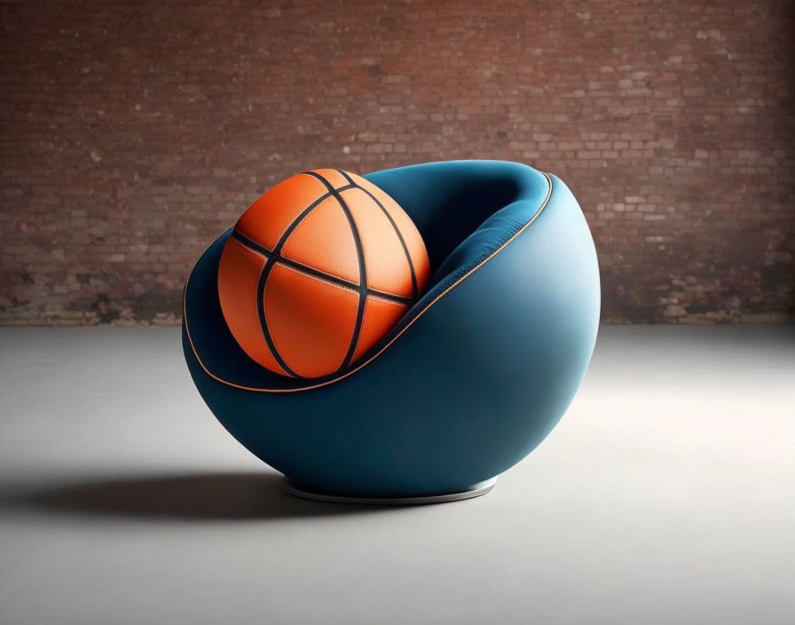 Basketball resting on modernist blue chair against red brick wall