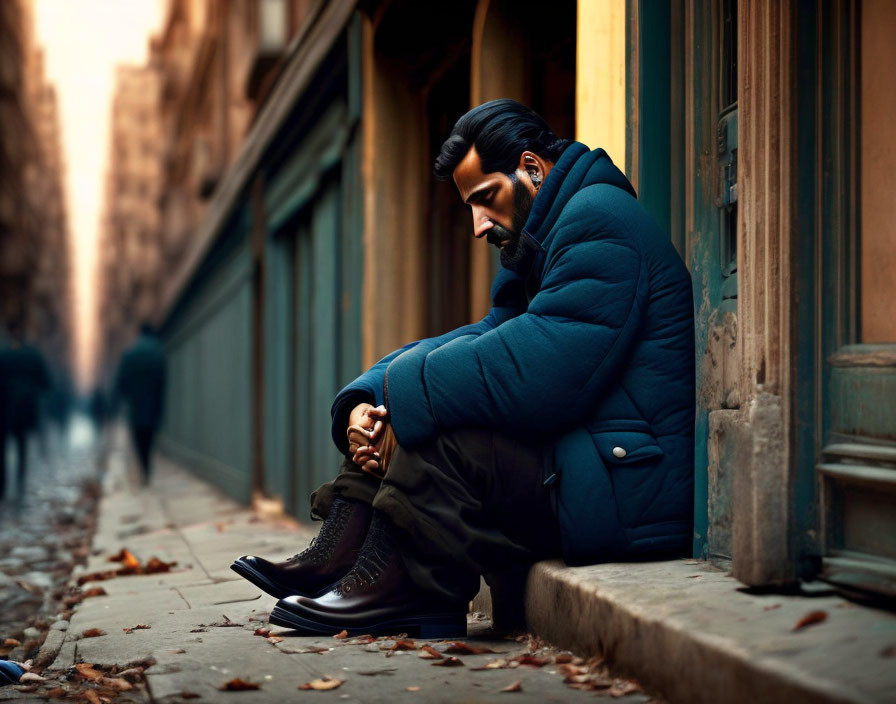 Man in Blue Coat Resting on Curb in City Street