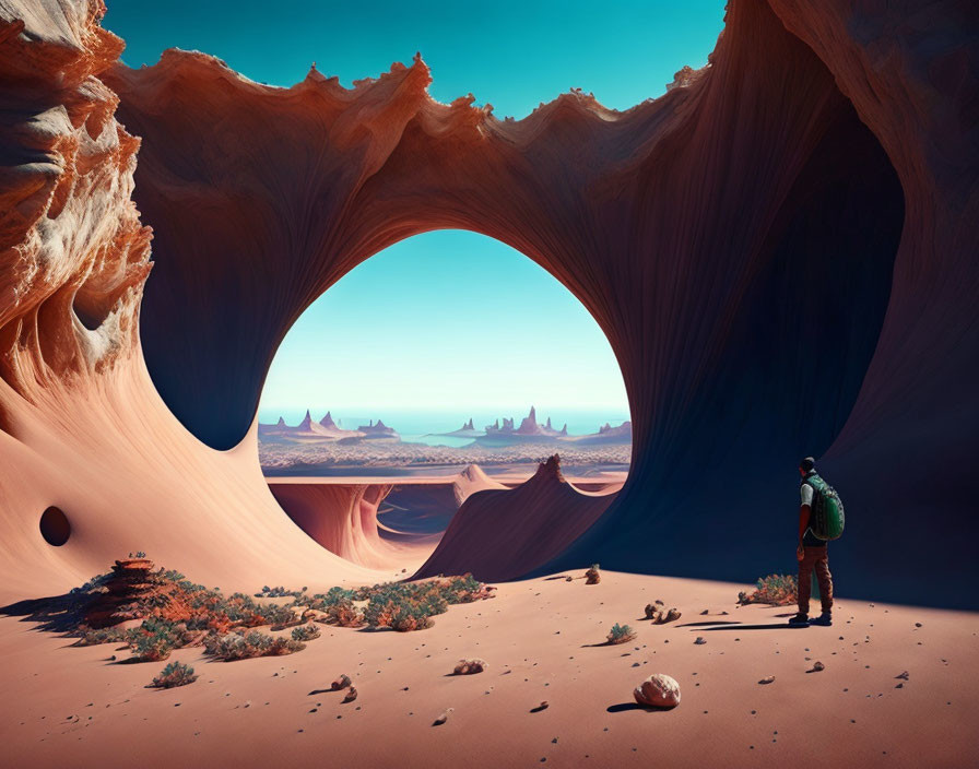 Person in Green Jacket at Sandstone Arch in Desert Landscape