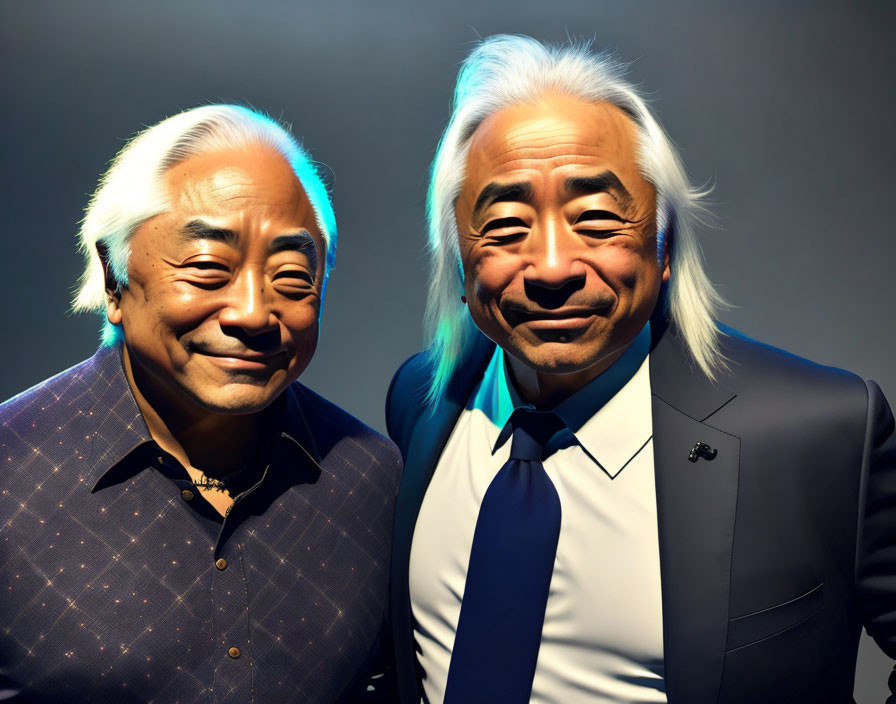 Men with similar facial features in blue shirt and suit smiling on dark background