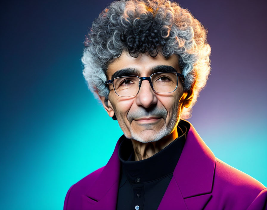 Gray-Haired Person in Purple Blazer and Glasses on Blue Background