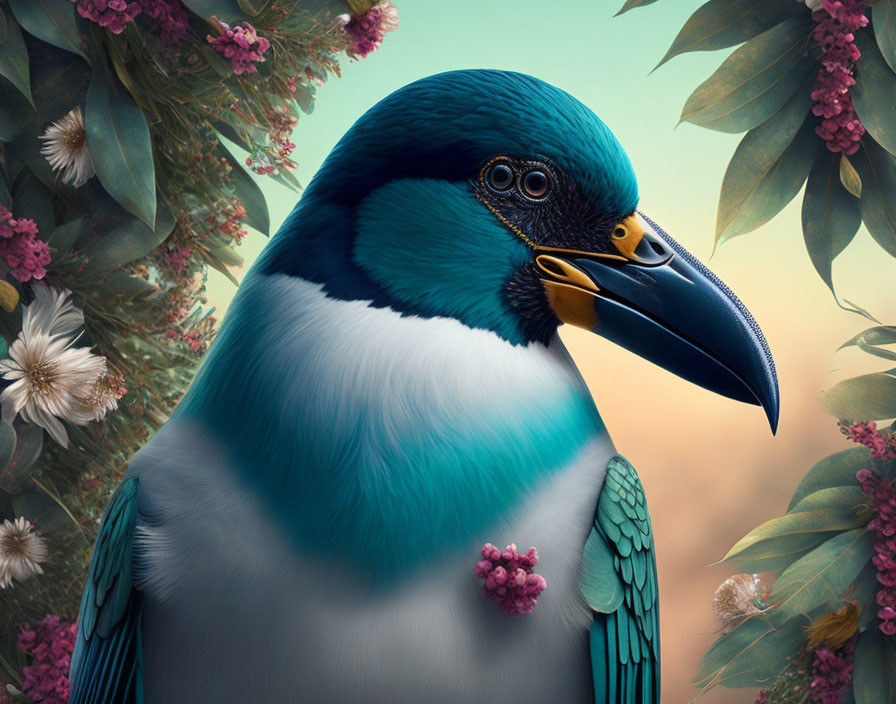 Colorful Bird with Blue and Turquoise Feathers in Lush Greenery