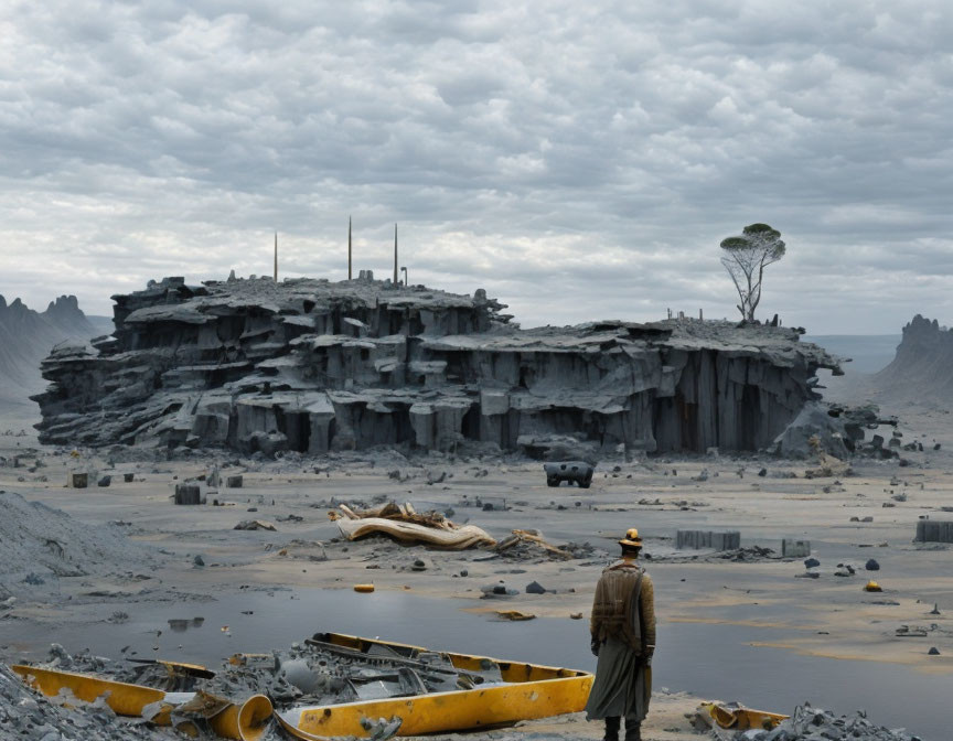 Person in coat standing in desolate grey landscape with rock formation, canoes, and lone tree.