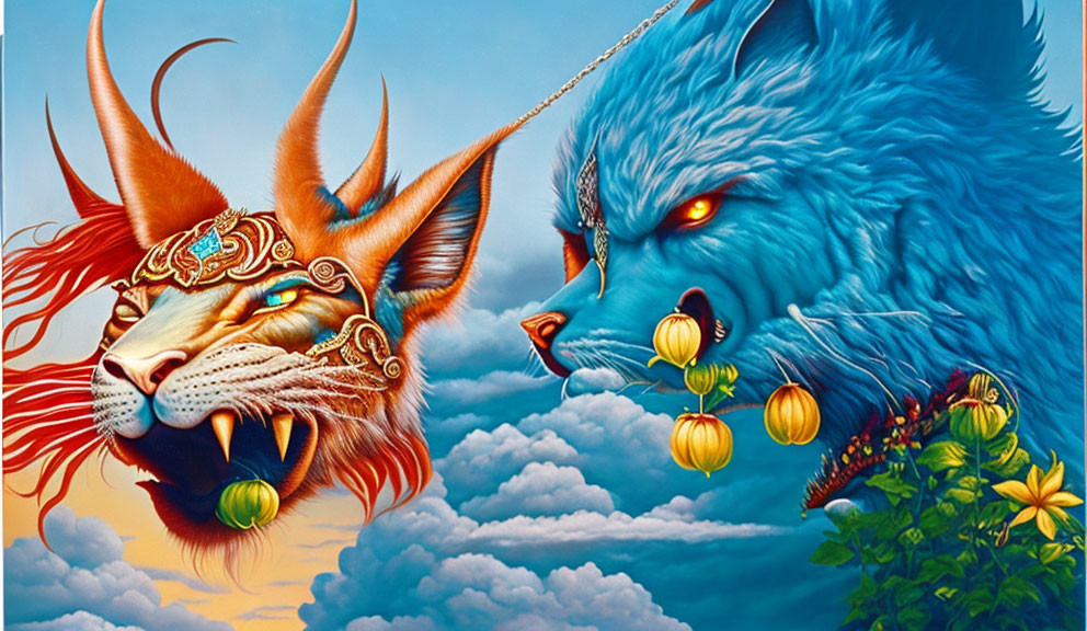 Surreal artwork: golden-maned lion in armor confronts blue wolf in clouds