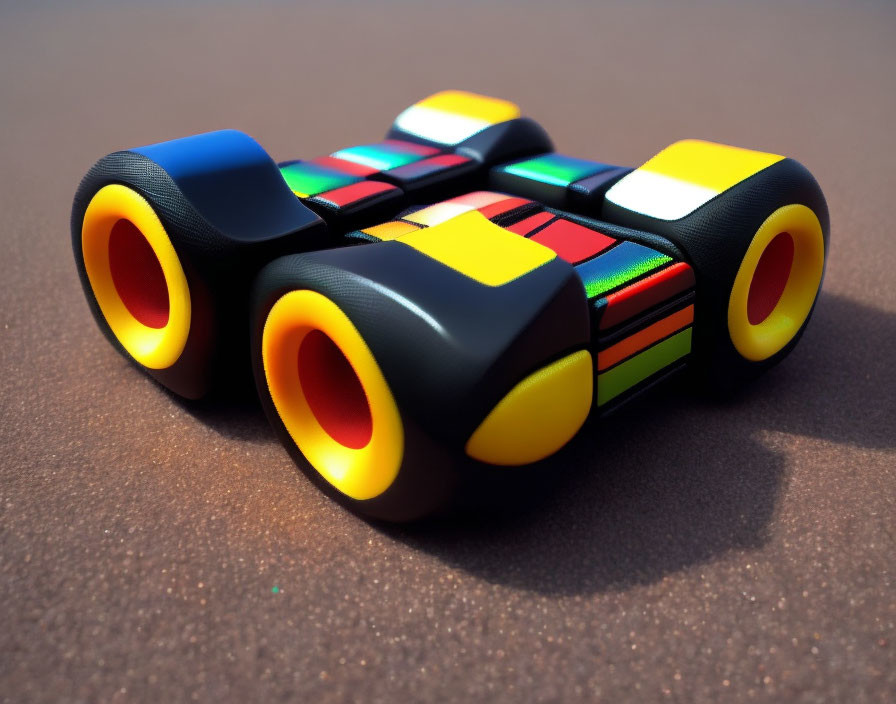 Colorful Race Car Rubik's Cube with Black Wheels on Blurred Background