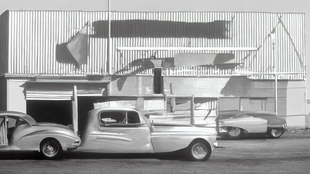 Vintage cars parked in front of peeling facade - black and white photo