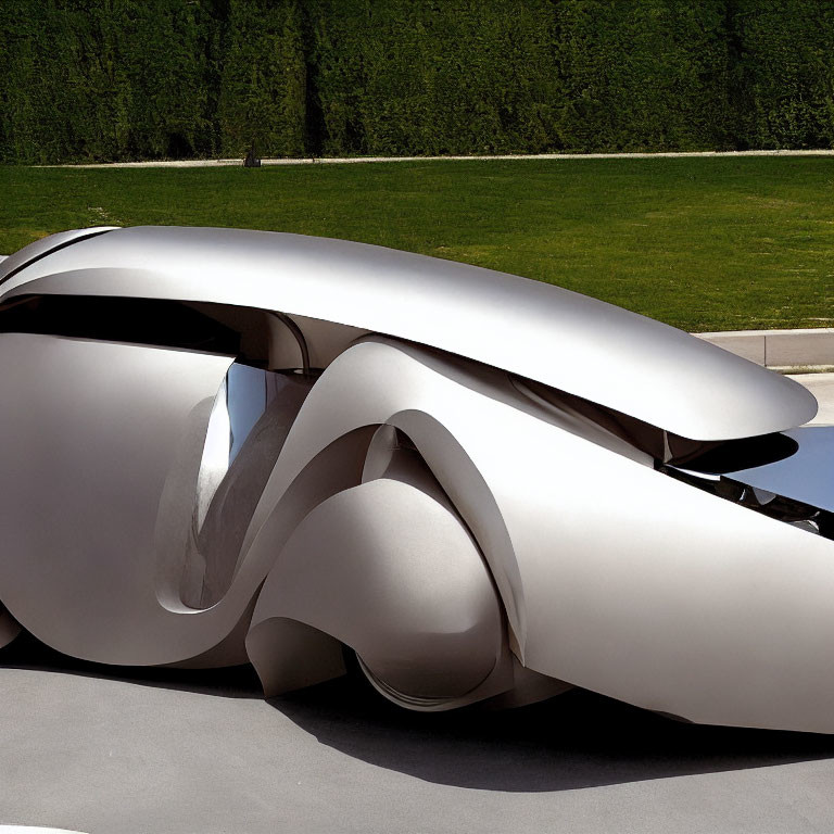 Futuristic metallic structure on green lawn under clear sky