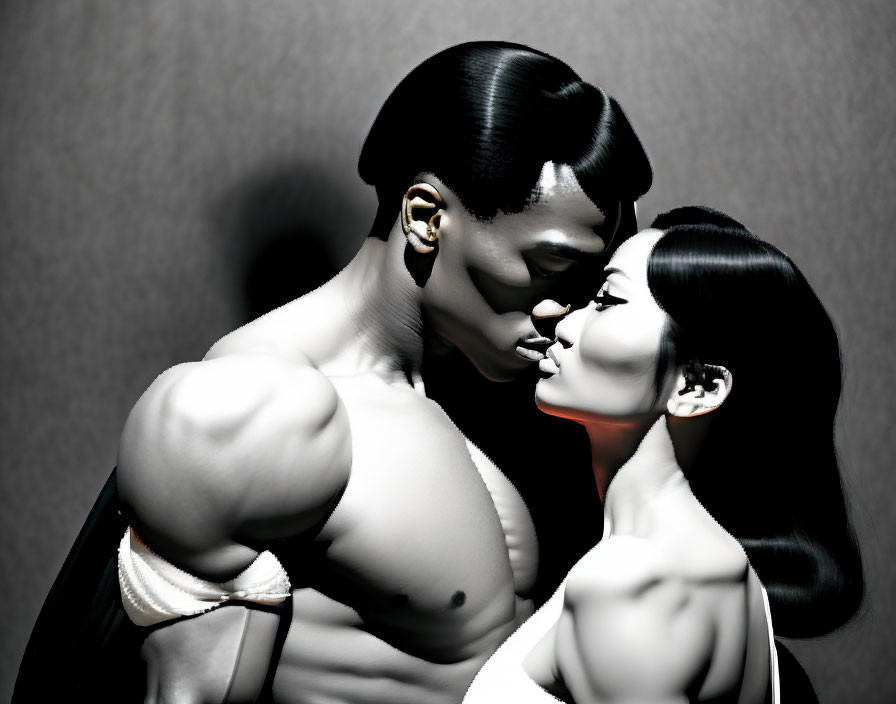 Stylized 3D characters with exaggerated muscles in intimate pose