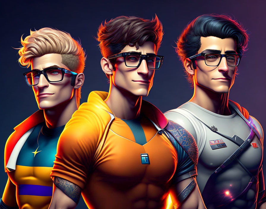 Three stylized animated male characters with unique hairstyles and trendy glasses.