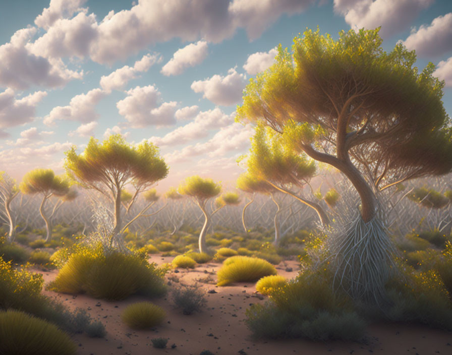 Unique Bushy-Topped Trees in Serene Sunset Landscape