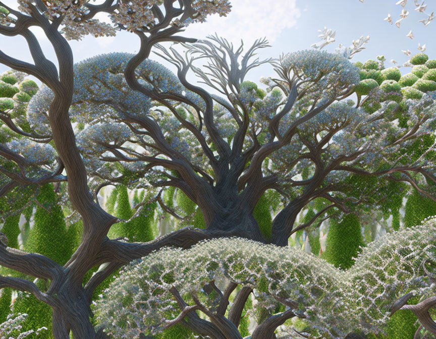 Whimsical forest with white blossom trees under blue sky