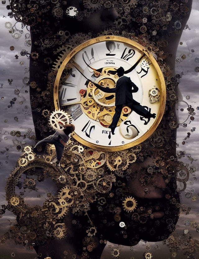 Person running on clock surrounded by cogs and gears