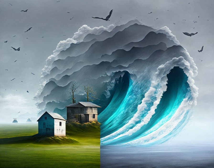 Gigantic wave over serene landscape with clouds and houses