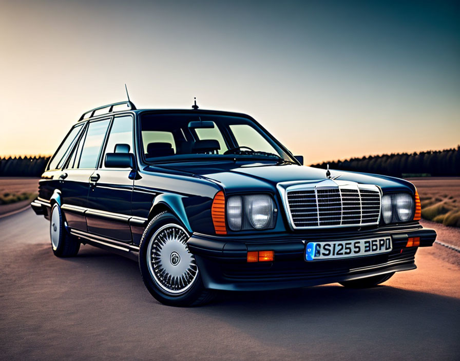 Vintage Mercedes-Benz Station Wagon Parked on Open Road at Dusk