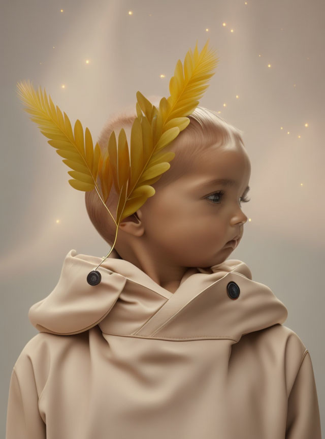 Child with golden feathered wings in beige coat on glowing backdrop