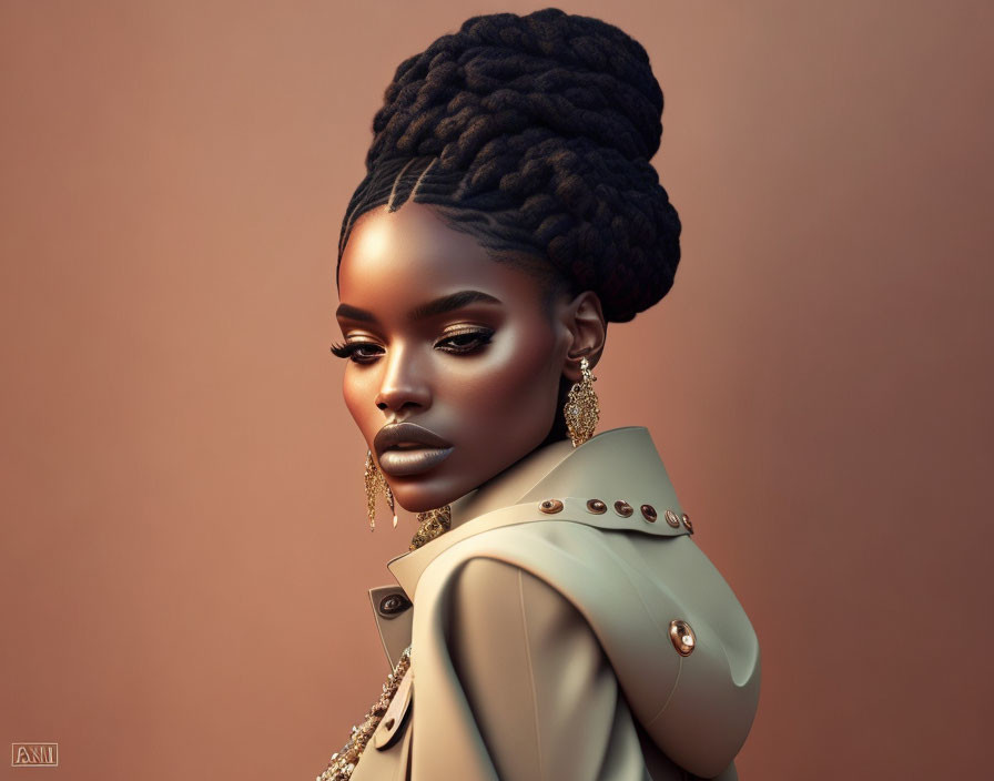 Detailed digital portrait of woman with twisted hair, bold makeup, golden earrings, studded jacket