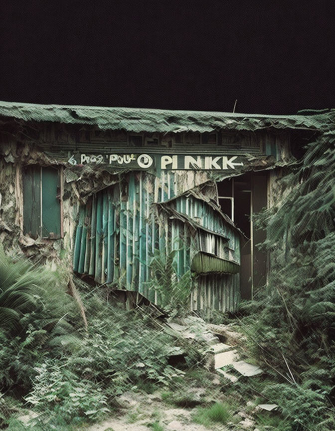 Dilapidated wooden shack with faded turquoise walls and collapsing roof surrounded by overgrown vegetation