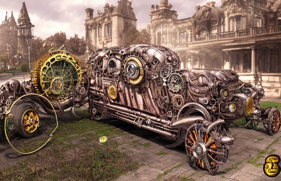 Steampunk-style artwork with mechanical vehicles and old-fashioned buildings.