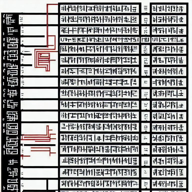 Non-Latin Script with Red Paths on White Background