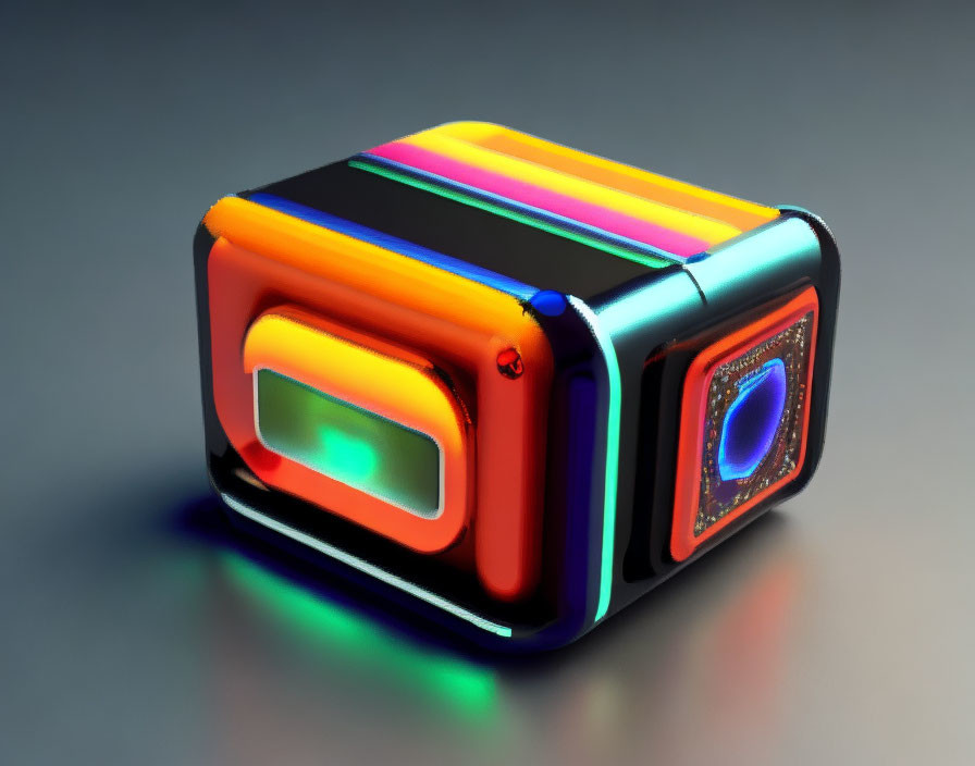 Vibrant 3D cube with neon light effect and glowing core