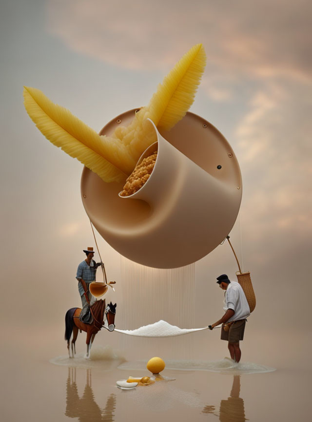 Surreal image of giant floating ice cream lassoed by cowboy and fisherman