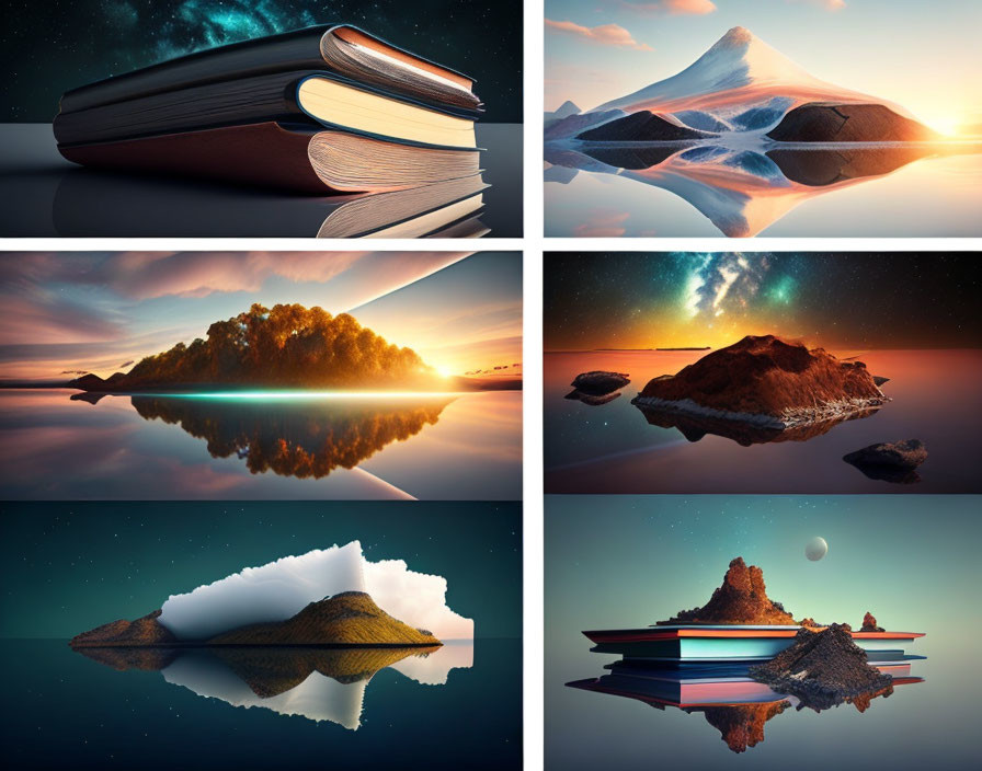 Surreal landscape collage with book elements and natural scenery