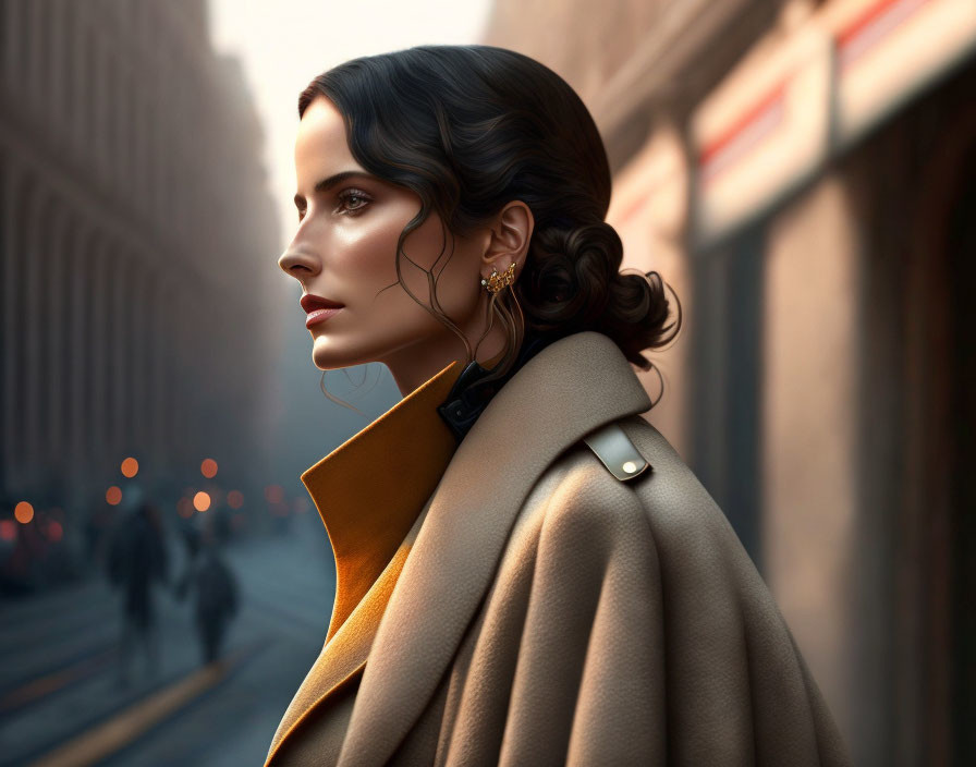 Dark-haired woman in beige coat with mustard collar on city street at dusk