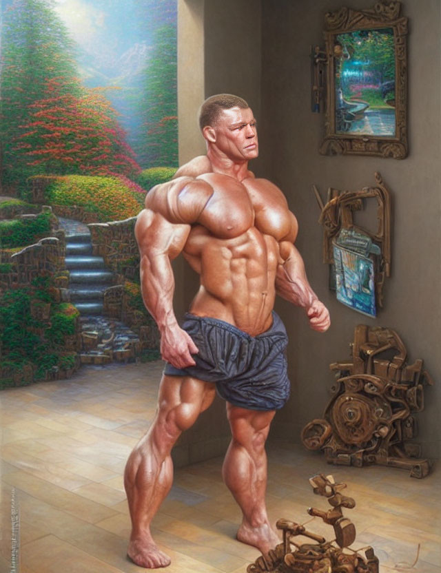 Muscular person posing indoors by window overlooking garden with stairs and rustic dumbbells.