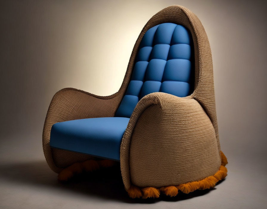 Curved Brown Knitted Armchair with Blue Cushion and Orange Tassels