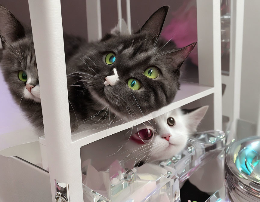 Three Fluffy Cats with Green Eyes on White Shelving Unit