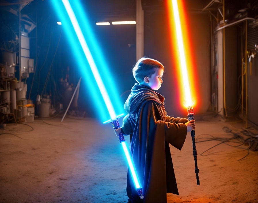 Cloaked Figure with Blue and Red Lightsabers in Dimly Lit Setting