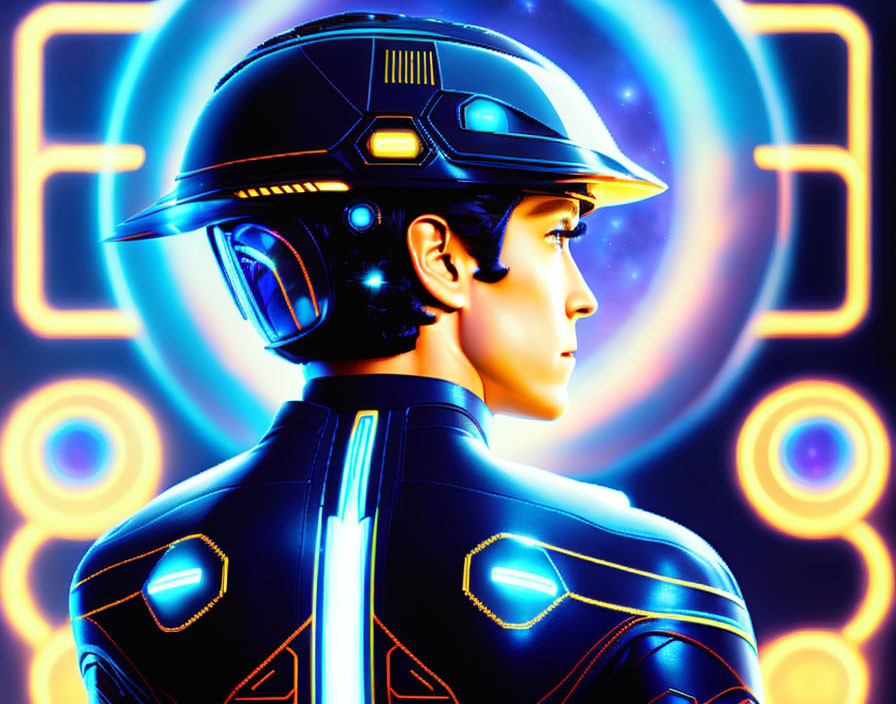 Futuristic digital art: person in glowing helmet & suit against cosmic backdrop