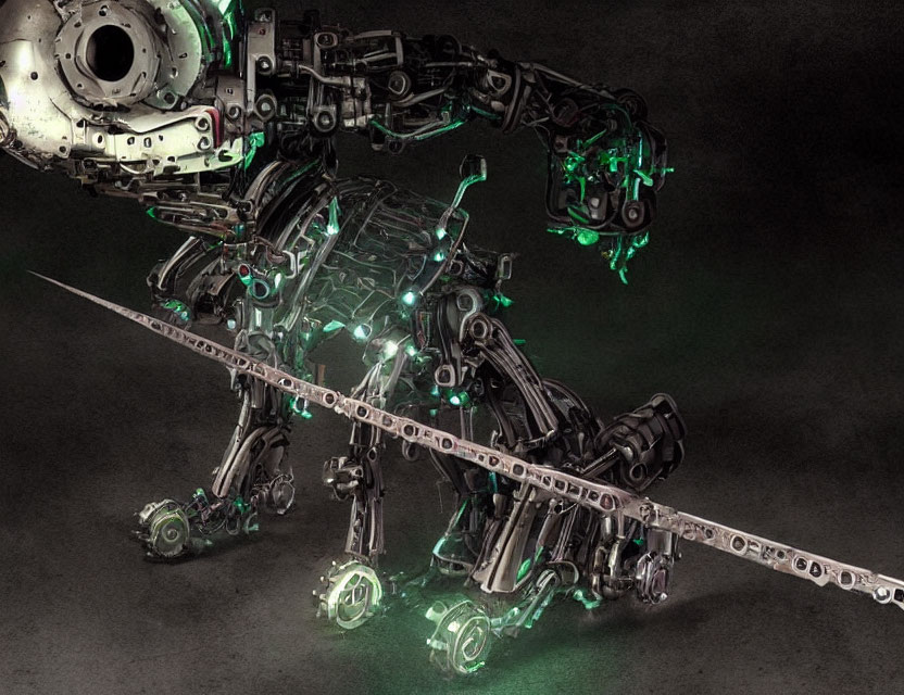 Detailed digital artwork of a green-glowing mechanical robot with a sword.