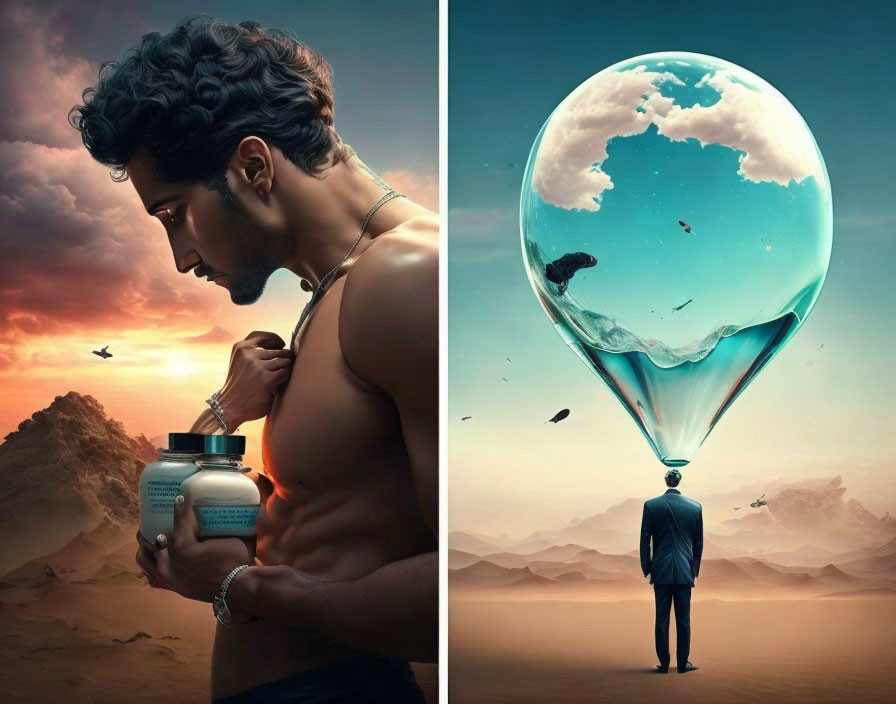 Curly-haired man applying fragrance next to surreal desert scene