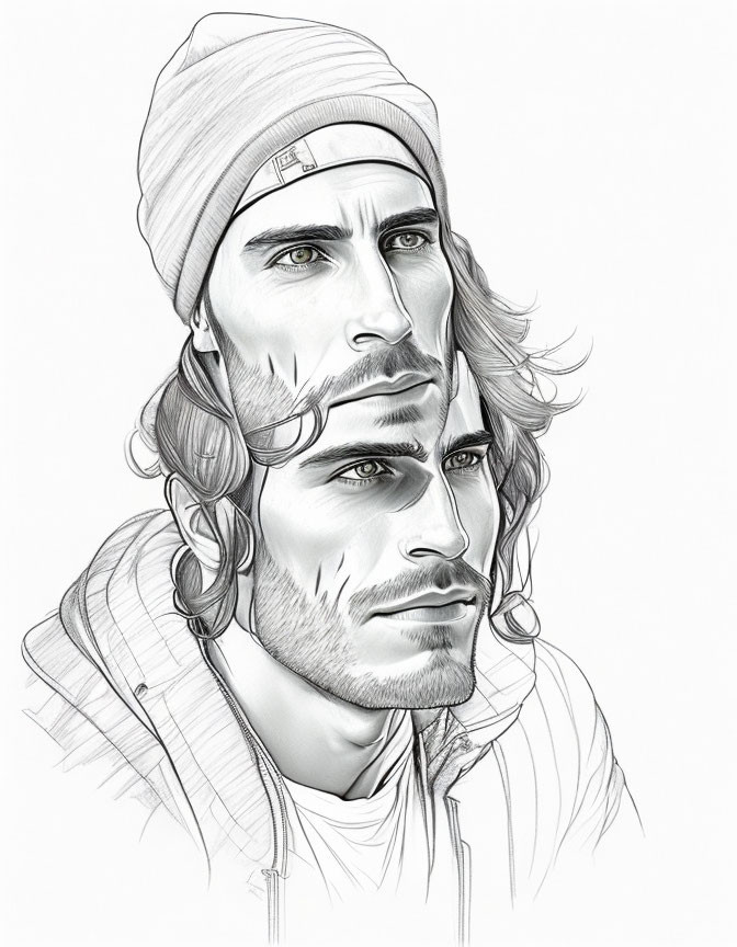 Detailed pencil sketch of a man with intense gaze, beanie, stubble, and curly hair.