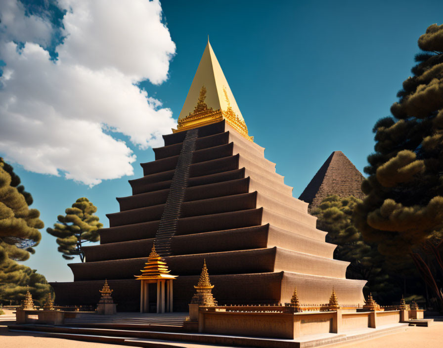 Pyramidal building with golden capstone and shaped trees under blue sky