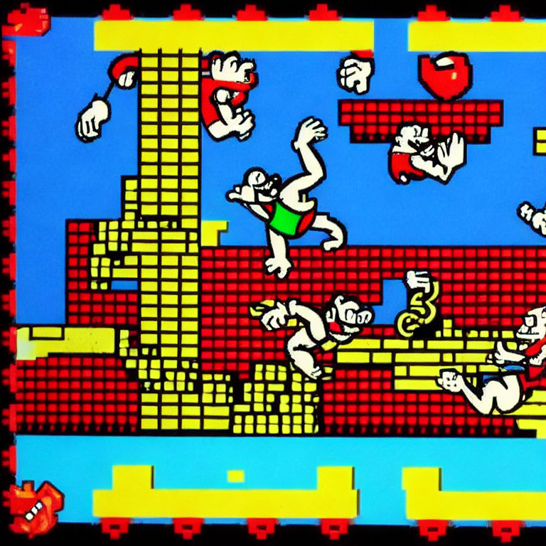 Pixelated Ape and Man Characters Climbing Ladders on Retro Arcade Game Background