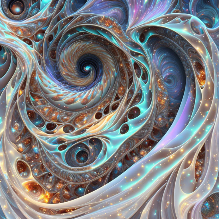 Blue and Brown Fractal Art with Swirling Patterns and Iridescent Accents