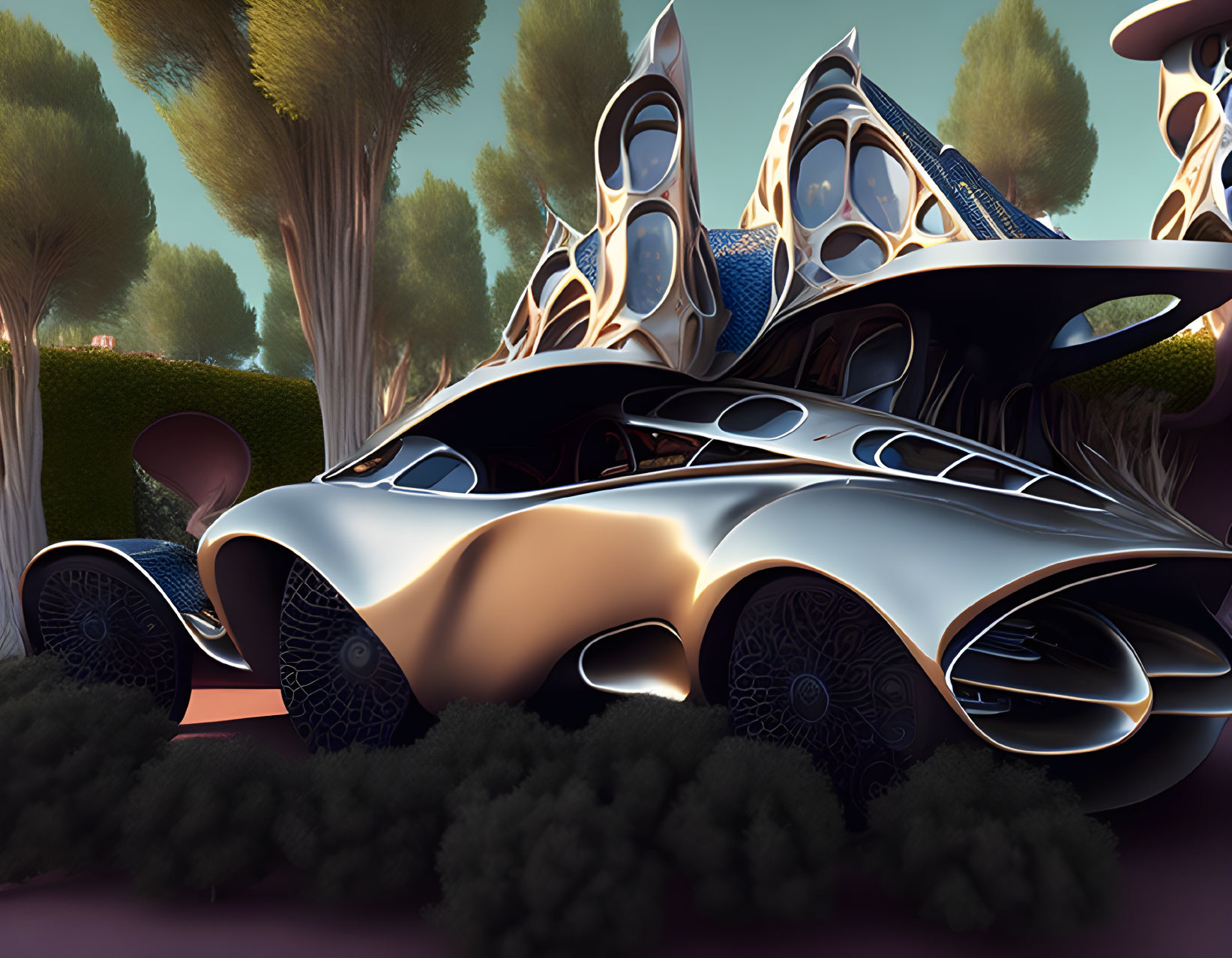 Futuristic concept car with organic shapes in urban setting